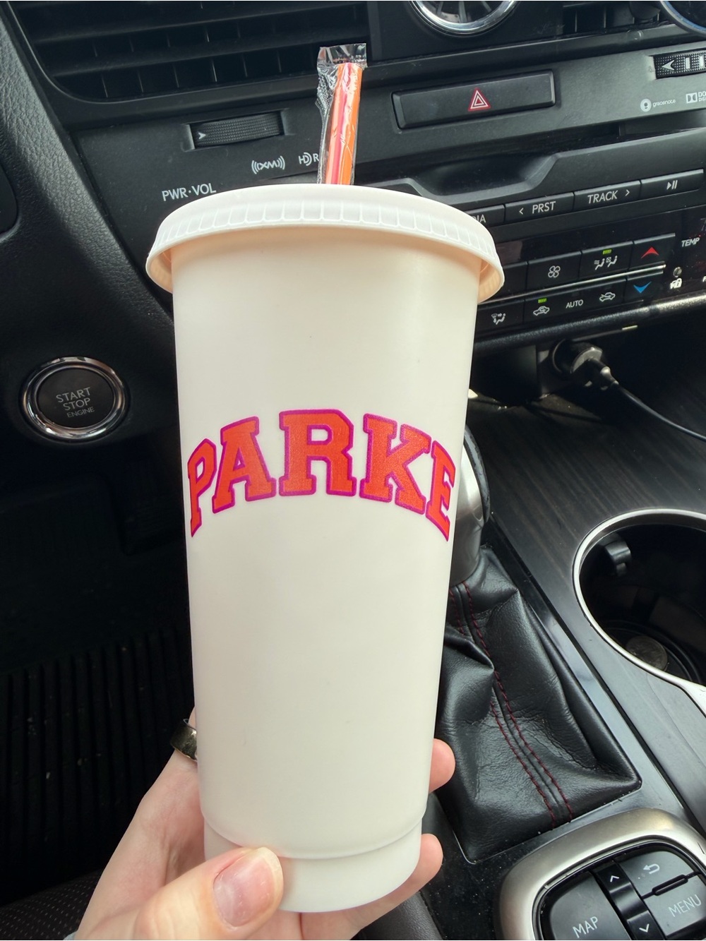 Parke Dunkin White Tumbler Cup with Pink & Orange 'PARKE' Lettering